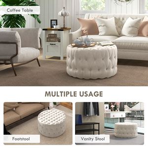 Round <b>Ottoman</b> for Home Office Velvet Feel Beige Foot <b>Stool</b> with Button Tufted Design Padded Seat for Living Room or Entryway - Product Image 5