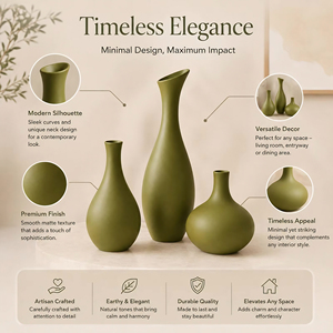 Ensemble de 3 vases décoratifs modernes en aluminium mat vert olive, faits à la main, durables, pour la décoration de table, salon, maison |   Élégant - Product Image 5