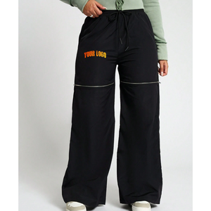 Pantalon de jogging décontracté noir en nylon, coupe large évasée, style baggy, avec bordure latérale et broderie tricotée, pour femme - Product Image 1