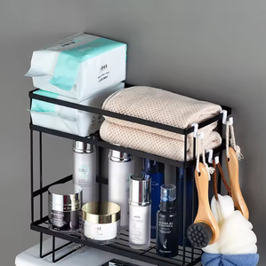 Black Over Toilet Metal Storage Rack Bathroom Organizer Shelf with <b>Hooks</b> for <b>Towels</b> Cosmetics and Tissue Holder - Product Image 3
