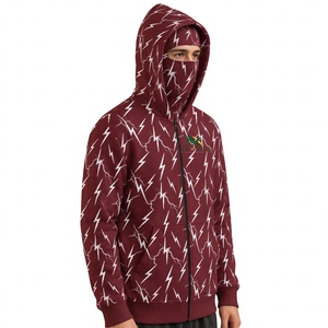 NEXTEX เสื้อฮู้ดมีซิปแบบยูนิเซ็กส์ลายสายฟ้า สีมารูน พร้อมหน้ากากนินจาสีขาว - Product Image 4