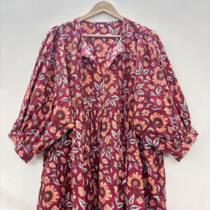 Robe décontractée mi-longue pour femme en coton tissé 100% uni, à manches courtes, taille empire, style babydoll, coupe ample et fonctionnelle à col en V oversize - Product Image 5