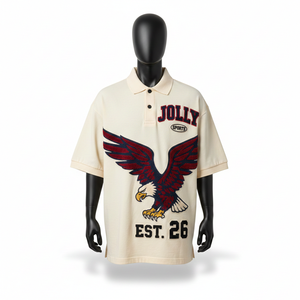 Polo en jersey de coton épais 220 GSM pour homme, crème, rouge, bleu marine, avec motif aigle, logo personnalisé par transfert thermique, coupe ajustée, évacuation de l'humidité - Product Image 1