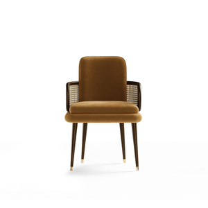 Midcentury Modern Dining Chair Brown Velvet Upholstered <b>Armchair</b> With Cane Rattan Side <b>Wood</b> Legs for House - Product Image 2