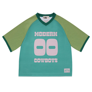Modern Cowboys Oversized Raglan Sleeve T-Shirt <b>Men</b> Streetwear V-Neck Cotton Jersey Fit Contrast Trim Print - Product Image 1