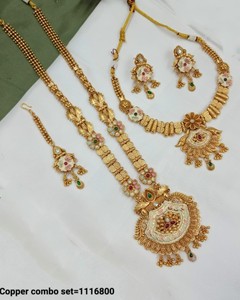 Conjunto de Joyería Nupcial Tradicional India de Cobre Chapado en Oro para Mujer, Aretes y Collar para Fiesta - Product Image 1