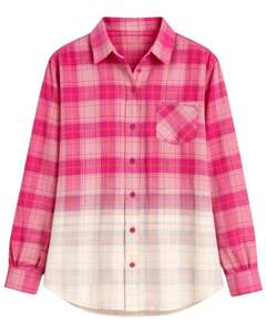 เสื้อเชิ้ตผ้าสักหลาดลายสก็อตสีชมพูไล่เฉดสำหรับผู้หญิง ผลิตตามสั่ง แขนยาว ติดกระดุม ลำลอง ผ้าคอตตอนผสม เหมาะสำหรับฤดูใบไม้ร่วงและฤดูหนาว - Product Image 1