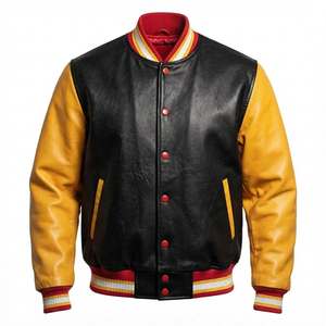 Custom Wool Body And Real Leather Sleeves Varsity Jacket <b>Mens</b> Letterman Jacket Vintage Outerwear Streetwear <b>Black</b> And Gold - Product Image 2