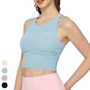 Breathable Quick Dry Casual Sleeveless Workout Wear O-Neck Sports Bra <b>Top</b> Fixed Pads Regular Length <b>Racer</b> Back Tank <b>Top</b> Front - Product Image 1