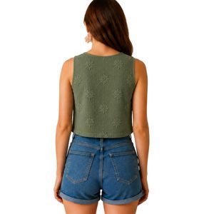 Olive Green Floral Embroidered Crop Tank <b>Top</b> <b>Women</b> Sleeveless Cotton Summer <b>Vest</b> Custom Logo Casual Fashion Streetwear Short <b>Top</b> - Product Image 2