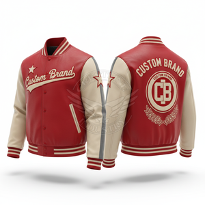 Custom Brand Men's Red Genuine Leather Varsity Jacket Breathable Eco-Friendly Embroidered Letter Logo Preppy Style Turn-<b>down</b> - Product Image 1