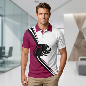 <b>Men's</b> Short Sleeve Polo Shirt With Panther Print Maroon White Color Block Regular Fit Casual Knitted Polyester - Product Image 6