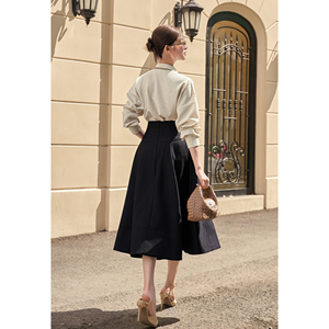 Jupe midi évasée noire élégante pour femme, taille haute, style décontracté ou professionnel, fabrication ODM/OEM sur mesure, RYAN - Product Image 3