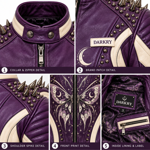 Blouson de motard pour femme en cuir véritable violet crème, avec impression artistique personnalisée motif papillon, bicolore contrastant et clouté, Fabricant - Product Image 6