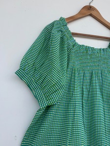 Ensemble 2 pièces pour femme, haut et short en coton à carreaux vichy verts, col carré, volants, coupe ample, style Prairie Chic, printemps-été - Product Image 5