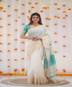 Sari de seda verde claro listo para enviar, vestido tradicional indio estilo Banarasi, sari drapeado con borde estampado para ceremonias. - Product Image 1