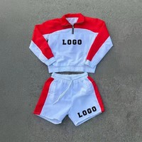 Ensemble de survêtement sportif décontracté pour homme, rouge et blanc, avec veste zippée en molleton et short respirant en polyester et coton tricoté