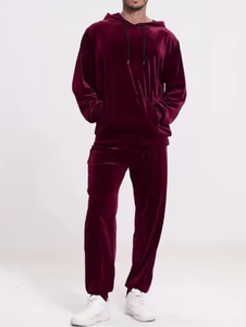 Men's Black Velvet <b>Hoodie</b> And Pants Tracksuit Full Sleeve Solid Color Casual Autumn Wear With Side Pockets Elastic Waist - Product Image 5