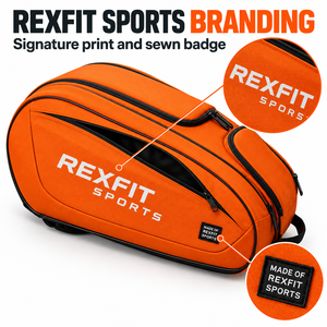 Sac de raquette de squash en orange vif avec panneau avant imprimé personnalisé, plusieurs poches zippées et transport facile pour l'entraînement - Product Image 2