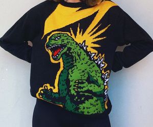 Men's Vintage Jacquard Knitted Crewneck Pullover <b>Black</b> Long Sleeve <b>Sweatshirt</b> with Green Godzilla Cartoon Pattern - Product Image 1