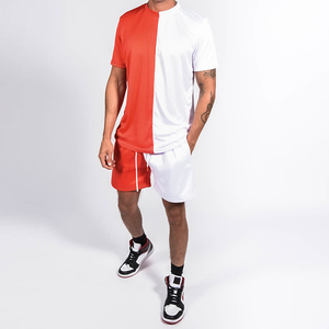 <b>Men's</b> Red White Color Block T-Shirt And <b>Shorts</b> Set Crew Neck Knitted Sporty Summer Wear Quick Dry - Product Image 4