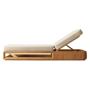 Chaise longue d'extérieur en teck naturel avec dossier réglable, structure ouverte minimaliste et base à détails côtelés, mobilier de patio pour bord de piscine - Product Image 2