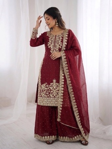 Nouvel ensemble haut en soie, pantalon palazzo et dupatta, avec broderie lourde et travail de sequins, entièrement cousu, prêt-à-porter - Product Image 2