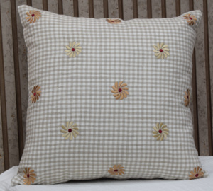 Beige Gingham Check Embroidered Daisy Cushion <b>Cover</b> 100% Linen Decorative Throw Pillow Case Farmhouse Cottage Home Decor - Product Image 6