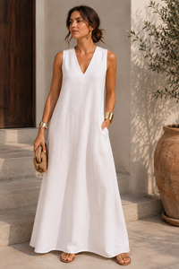 Custom OEM Women Plain <b>White</b> <b>Maxi</b> Dress Casual Sleeveless V Neck Long Sundress With Pockets High Quality Factory Supplier - Product Image 5
