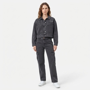<b>Women</b> Charcoal Gray <b>Cropped</b> Denim <b>Jacket</b> And Cargo <b>Jeans</b> Set Casual Two Piece Streetwear Fashion Outfit - Product Image 1