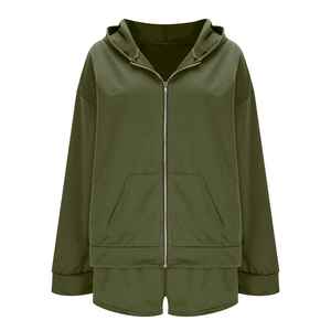 Ensemble de survêtement décontracté gris en polaire à capuche zippé pour femme, avec short ample, tenue printemps-été, couleur unie, pour le quotidien, ensemble 2 pièces - Product Image 5