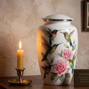Urne commémorative de table, vase à cendres, motif floral et oiseaux, en aluminium, urne décorative pour la commémoration à domicile - Product Image 3