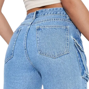 Pantalones Cargo Vaqueros Anchos Azules Medios para Mujer, Transpirables, de Tiro Medio, Ajuste Regular, Denim Lavado, Estilo Casual Urbano de Otoño - Product Image 4