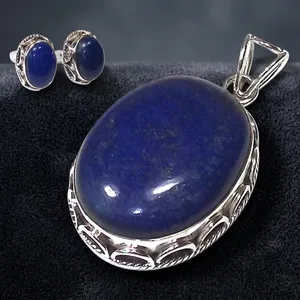 Sterling Silver Blue Lapis Lazuli Splendid Design Jewelry Set With Elegant Pendant Earrings Handmade Indian Style For Women - Product Image 2