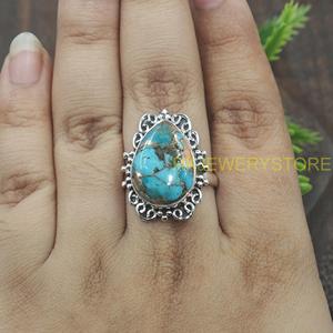 Blue Copper Oyster Turquoise <b>Ring</b> 925 Sterling <b>Silver</b> Handmade Vintage Floral <b>Statement</b> <b>Ring</b> Jewelry for Women Christmas Gift - Product Image 4