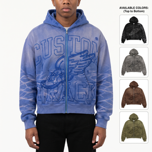 Custom 400GSM Heavyweight Zip Hoodie for Men Vintage Wash Distressed Oversized Boxy Graphic Embroidery Blank Streetwear - Product Image 1