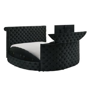 Lujosa cama tamaño King chimenea eléctrica integrada TV mecanismo de elevación profundamente copetudo terciopelo negro tapizado Up-Holstered - Product Image 3