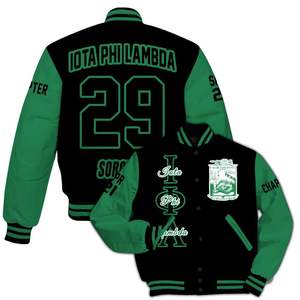 Chaqueta Universitaria Personalizada Iota Phi Lambda para Mujer, Chaqueta Bomber con Letras y Números Bordados en Negro y Verde - Product Image 4
