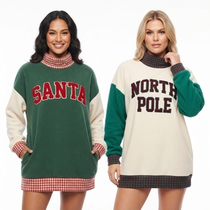 North <b>Glitter</b> Print Pullover Women's <b>Blue</b> Knitted Sweatshirt Mock Neck Gingham Trim Winter Casual Long Sleeve - Product Image 5