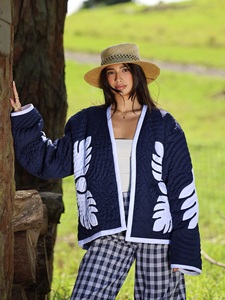 Hawai Jacket <b>Kimono</b> Drape Jacket Women Navy Blue Leaf Applique Open Front <b>Long</b> <b>Sleeve</b> Premium Quality Resort Women's Wear - Product Image 3