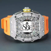 Montre de luxe simple avec boîtier carré entièrement serti de diamants VVS1, bracelet de 21 mm en acier inoxydable, mouvement à quartz ETA, cristal saphir, chronographe