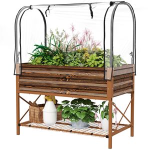 Raised Garden Bed with Legs and Cover Metal Elevated <b>Planter</b> <b>Box</b> with Bottom Shelf and Liner for Vegetables Brown - Product Image 1