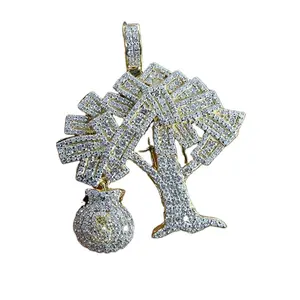 时尚新设计奢华辉石钻石14k金嘻哈冰镇钱生长树与钱袋魅力吊坠