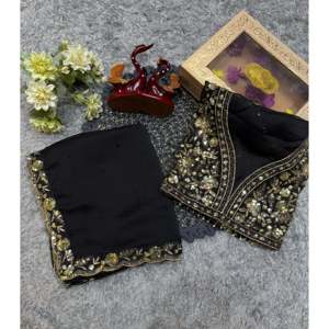 Sari de Diseño Hecho a Mano con Hermoso Bordado de Lentejuelas y Borde de Encaje, Silueta Recta - Product Image 2