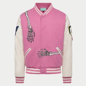Pink Varsity <b>Jacket</b> with Skeleton Embroidery Crew Neck Collar Men's <b>Punk</b> Style Regular Fit Winter Wear - Product Image 2