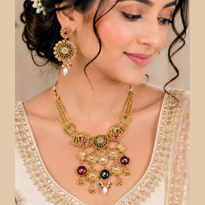 Ensemble collier et boucles d'oreilles longs pour femme JeweleMarket, plaqué or, avec cristaux et strass, style ethnique, pour mariage, fiançailles, anniversaire - Product Image 4