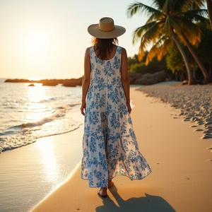 Maxi vestido bohemio con escote redondo sin mangas con transpirable viaje amigable para mujeres blanco azul vid estampado algodón - Product Image 2