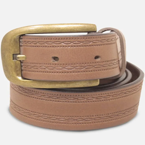 Cinturón de cuero genuino estilo western color marrón claro con diseño grabado y hebilla de latón ajustable, diseño de última tendencia. - Product Image 5