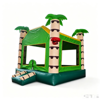Structure gonflable palmier avec toboggan, parcours de jeux, piste de course, château de saut extérieur décoré, petite machine distributrice, carnaval