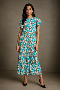 Elegante Vestido Maxi Floral con Estampado de Flores, Algodón Sostenible, Corte en A con Volantes, Artesanal, Color Verde Salvia Turquesa, Estilo Étnico, Cintura Natural - Product Image 3